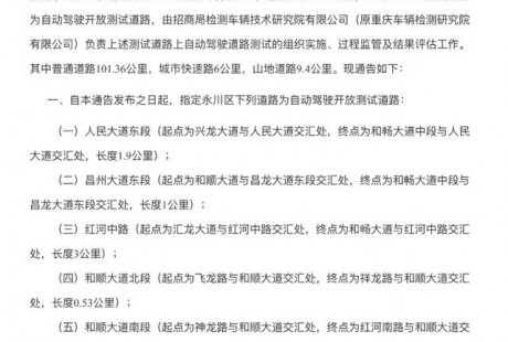 重慶指定60條道路作為自動(dòng)駕駛開(kāi)放測(cè)試道路，全長(zhǎng)116公里